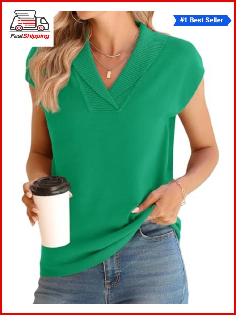 ✨ Knitted Sweater Vest V-Neck Cap Sleeve Collared Pullover Dressy Summer Top